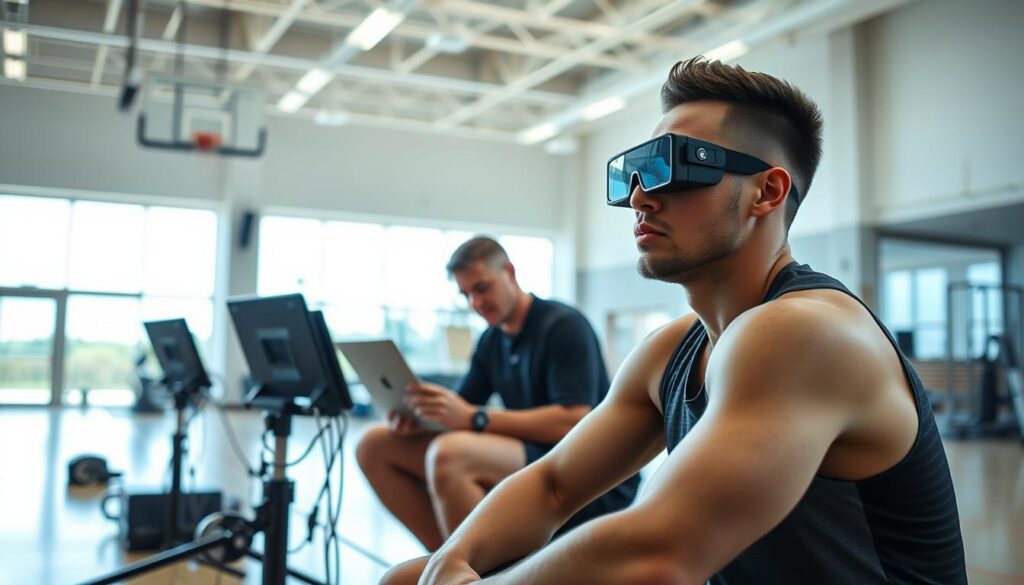An athlete performing a fatigue check during a visual training session in a well-lit gymnasium. In the foreground, the athlete, dressed in professional athletic gear, is seated with a focused expression, surrounded by eye-tracking technology equipment. The middle ground features an instructor analyzing data on a laptop, illustrating the integration of routine fatigue assessments. In the background, gym equipment and large windows allow natural light to flood the space, creating a bright and motivational atmosphere. The overall mood is one of determination and focus, with emphasis on the importance of visual training and fatigue management in athletic performance. The scene is captured from a slightly elevated angle, enhancing the depth and engagement of the training environment.