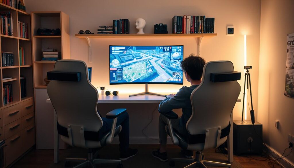 A cozy gaming space dedicated to players on a budget. In the foreground, a sleek, minimalist desk features an affordable monitor showcasing a vibrant game interface, with DIY eye-tracking sensors mounted on the edges. Two modern gaming chairs are positioned symmetrically, one occupied by a young adult in modest casual attire, deeply focused on gameplay. The middle ground captures various low-cost tech gadgets, like a homemade motion sensor and an adjustable webcam, enhancing the setup. In the background, shelves filled with game-related books and a subtle LED light strip create a relaxed atmosphere. Soft, warm lighting enhances the inviting, efficient vibe, inviting viewers to explore the world of budget-friendly gameplay technology.