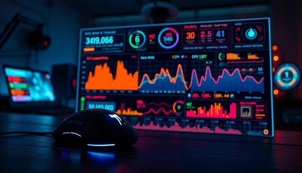 A detailed, vibrant visualization of mouse sensor telemetry data, featuring an intricate graph displaying metrics like CPI, Hz, click latency, and angle snapping checks. In the foreground, sleek mouse graphics are depicted alongside data streams in bright colors reflecting various technical metrics. The middle layer shows a complex digital interface with dynamic graphs and indicators that showcase real-time telemetry metrics, glowing softly for emphasis. In the background, a dimly lit room with hints of tech elements, like circuit patterns and soft LED lights, creates a focused atmosphere. Use a high-contrast, cool-toned color palette to enhance the visual clarity, with sharp focus on the telemetry data, captured with a slight depth of field for a professional, analytical mood.