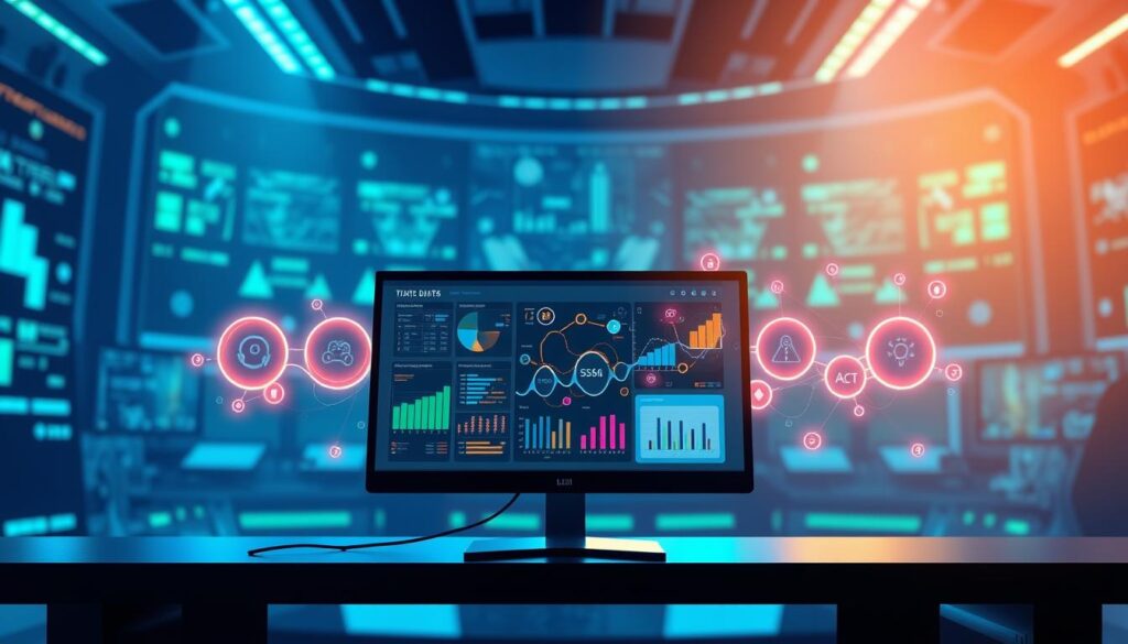 A digitally illustrated gaming data pipeline, featuring five distinct stages: collect, clean, analyze, act, and review, visually represented as vibrant interconnected nodes. In the foreground, a sleek, modern computer screen displays live match data and performance metrics, while attractive graphs and charts float around it. The middle ground shows stylized data flows in motion, symbolizing the transformation of raw data into actionable insights, with light beams and digital effects enhancing the sense of technological advancement. In the background, a futuristic control room filled with ambient blue and green lighting gives a sense of depth and context to the scene. The overall mood is dynamic and innovative, conveying energy and the evolution of sports analytics for esports players. A digitally illustrated gaming data pipeline, featuring five distinct stages: collect, clean, analyze, act, and review, visually represented as vibrant interconnected nodes. In the foreground, a sleek, modern computer screen displays live match data and performance metrics, while attractive graphs and charts float around it. The middle ground shows stylized data flows in motion, symbolizing the transformation of raw data into actionable insights, with light beams and digital effects enhancing the sense of technological advancement. In the background, a futuristic control room filled with ambient blue and green lighting gives a sense of depth and context to the scene. The overall mood is dynamic and innovative, conveying energy and the evolution of sports analytics for esports players.