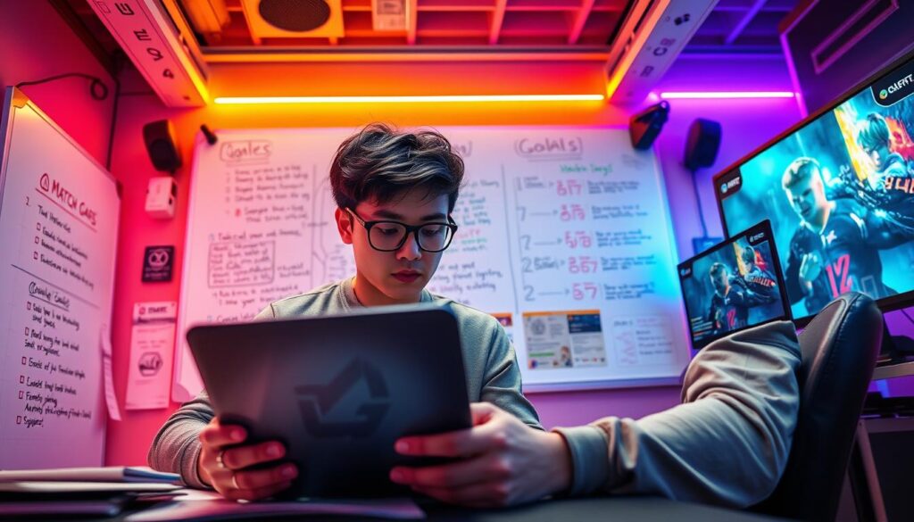 A dynamic esports scene showcasing a player’s weekly training routine for improvement. In the foreground, a focused player in casual yet professional attire reviews match footage on a laptop, surrounded by notes and strategy guides. The middle ground features a whiteboard filled with tactical insights, goals, and highlighted match tags. Behind, a colorful, tech-inspired gaming setup with RGB lighting creates an energetic atmosphere, hinting at an esports arena. The lighting is bright but soft, emphasizing the player’s concentration. The angle is slightly above eye-level, capturing the player's intense focus while allowing visibility of the vibrant gaming environment. The mood is motivational and forward-looking, reflecting dedication and the journey of skill development in esports. A dynamic esports scene showcasing a player’s weekly training routine for improvement. In the foreground, a focused player in casual yet professional attire reviews match footage on a laptop, surrounded by notes and strategy guides. The middle ground features a whiteboard filled with tactical insights, goals, and highlighted match tags. Behind, a colorful, tech-inspired gaming setup with RGB lighting creates an energetic atmosphere, hinting at an esports arena. The lighting is bright but soft, emphasizing the player’s concentration. The angle is slightly above eye-level, capturing the player's intense focus while allowing visibility of the vibrant gaming environment. The mood is motivational and forward-looking, reflecting dedication and the journey of skill development in esports.
