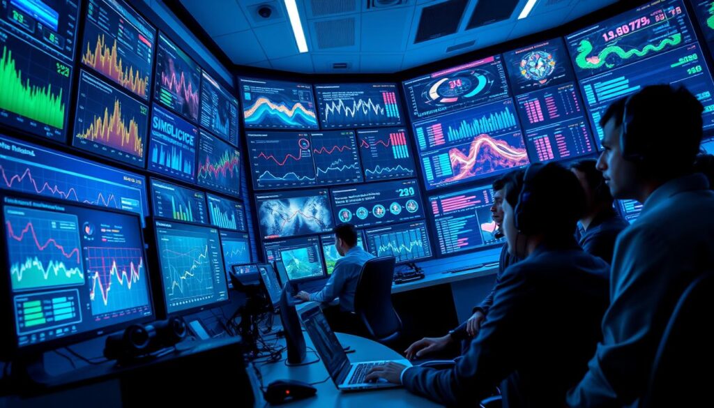 A futuristic esports analytics lab, featuring multiple screens displaying dynamic heatmaps, player economy tracking graphs, and fragmented replay cutouts. In the foreground, a diverse team of analysts clad in professional attire intensely reviews the data. The middle layer showcases a sleek, modern workstation cluttered with high-tech gadgets and laptops. In the background, a large digital wall displays vivid, interactive statistics that pulse with energy. Soft blue and green lighting casts a professional yet vibrant atmosphere, highlighting the excitement and innovation of the "demo parsing revolution." The angle should be a slight low-view perspective, emphasizing the analysts' engagement while showcasing the impressive tech surrounding them.