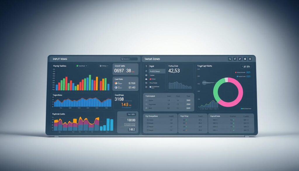 A sleek and modern player dashboard template structure, showcasing a clean layout with distinct sections for input, feature calculations, trend lines, and target zones. The foreground features interactive modules displaying colorful graphs, numerical data stats, and visualizations of player performance metrics. The middle layer includes a sidebar with clearly defined options for input customization and filters. The background is a subtle gradient, enhancing the professional ambiance, with soft but effective lighting highlighting the dashboard's sleek usability. The overall mood is focused and motivating, embodying clarity and order, perfect for illustrating data analysis. The angle captures the dashboard from a slightly elevated perspective, emphasizing its user-friendly design without any text elements or distractions.