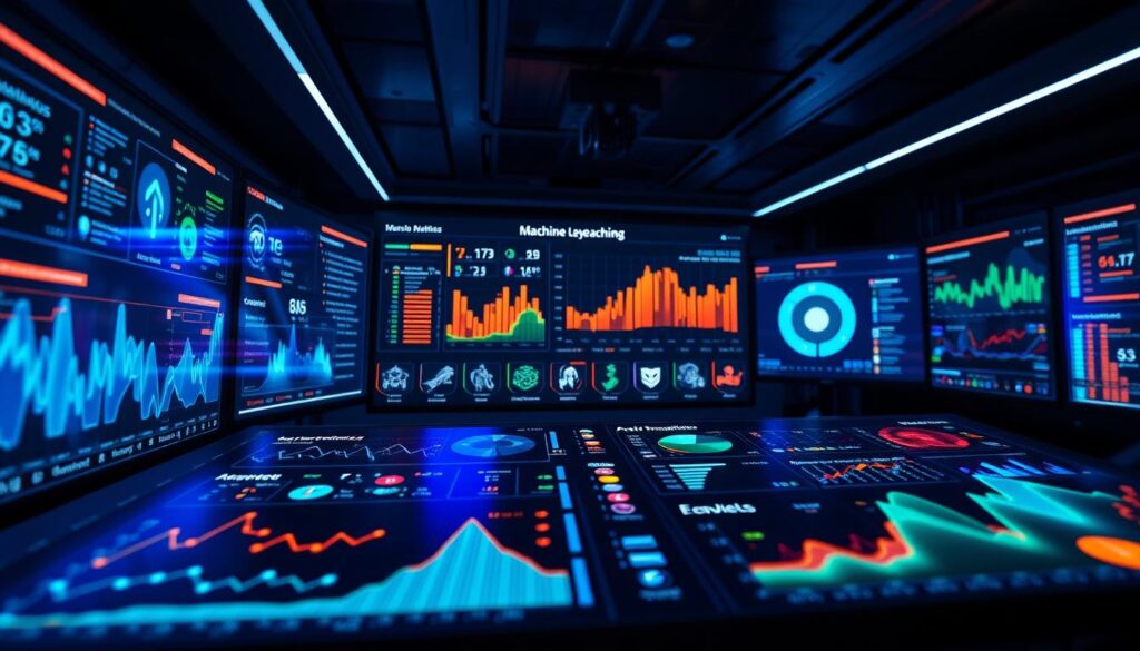 A sleek, modern machine learning coaching dashboard featuring intricate data visualizations and patterns. In the foreground, focus on glowing graphs and charts showcasing esports analytical metrics, with vibrant colors like blue, green, and orange highlighting key insights. The middle layer presents a user-friendly interface with icons representing aim models, draft simulators, and role clustering, all neatly organized. The background consists of a futuristic room filled with digital screens displaying real-time data streams, bathed in soft blue lighting to create a high-tech atmosphere. Capture the scene from a slightly elevated angle, simulating a professional setting where analysts are engaged in deep analysis, promoting a mood of innovation and expertise.