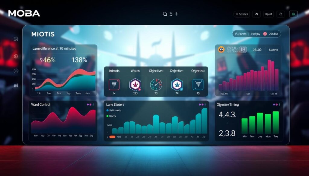 A visually striking and informative MOBA player dashboard design, showcasing various performance metrics such as lane difference at 10 minutes, ward control, and objective timing. The foreground features an interactive interface displaying colorful graphs and charts with vibrant hues, all representing player statistics. In the middle layer, a sleek digital layout displays icons for wards and objectives, with animated features suggesting real-time updates. The background consists of a stylized gaming environment with subtle hints of a battlefield, softly illuminated by ambient lighting that creates a focused atmosphere. The mood is inspirational and motivational, geared towards improvement and strategic planning. The overall composition is clean and modern, emphasizing clarity and usability, devoid of any text, captions, or distractions.